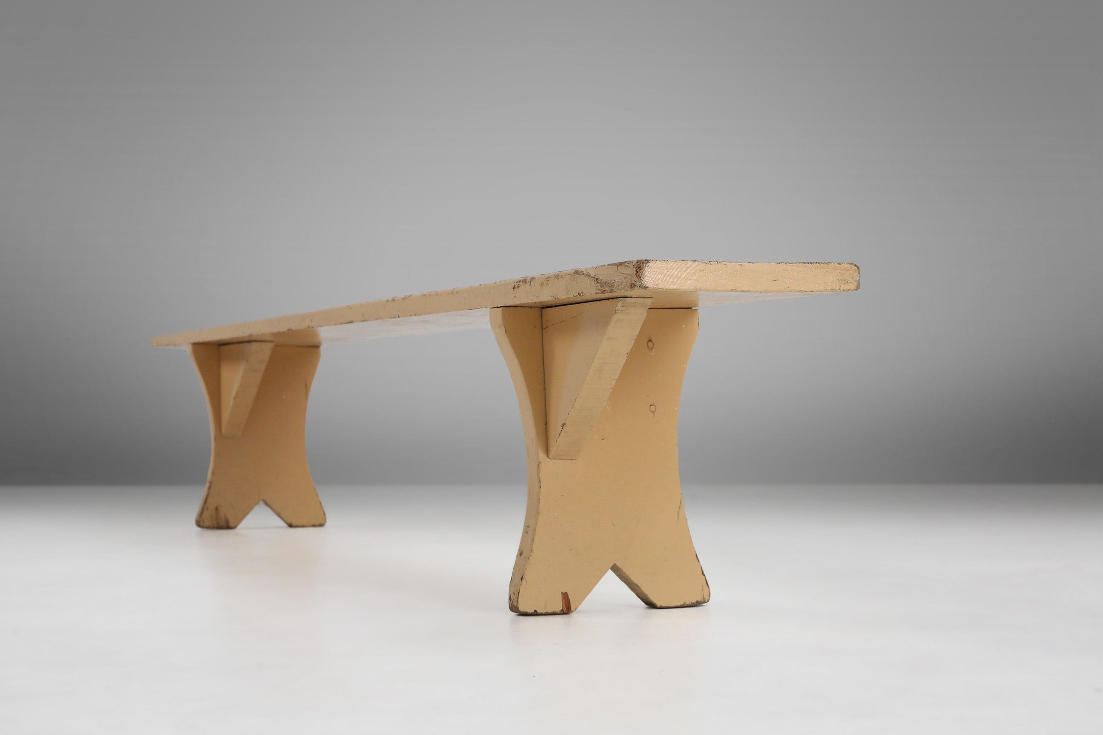 Elegant rustic beige wooden bench with nice patina, France ca. 1900thumbnail